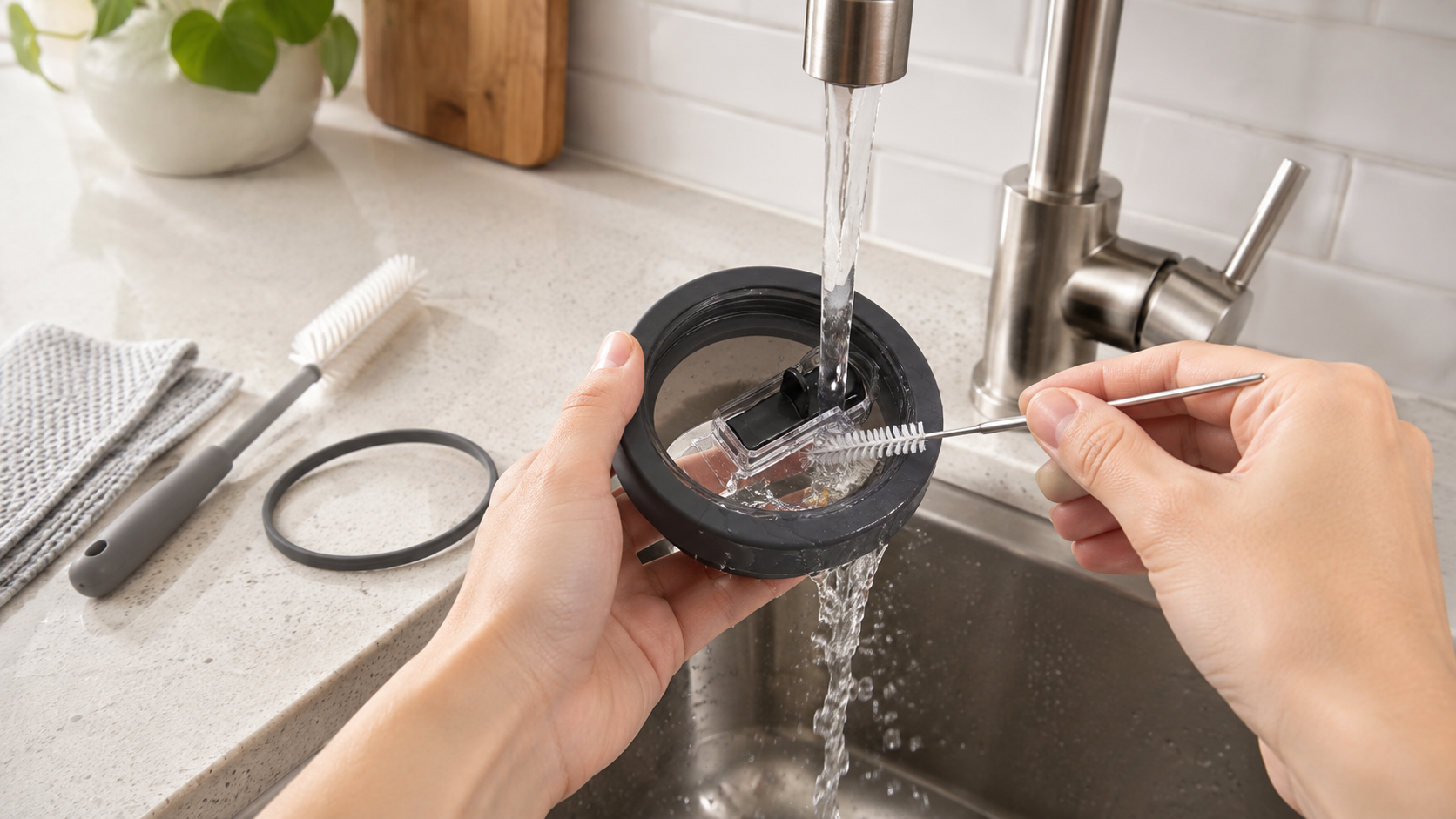 Tumbler user cleaning a traditional hard-to-clean lid
